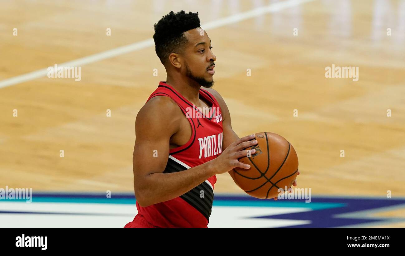 Portland Trail Blazers guard CJ McCollum plays against the Charlotte Hornets during the first half in an NBA basketball game on Sunday, April 18, 2021, in Charlotte, N.C