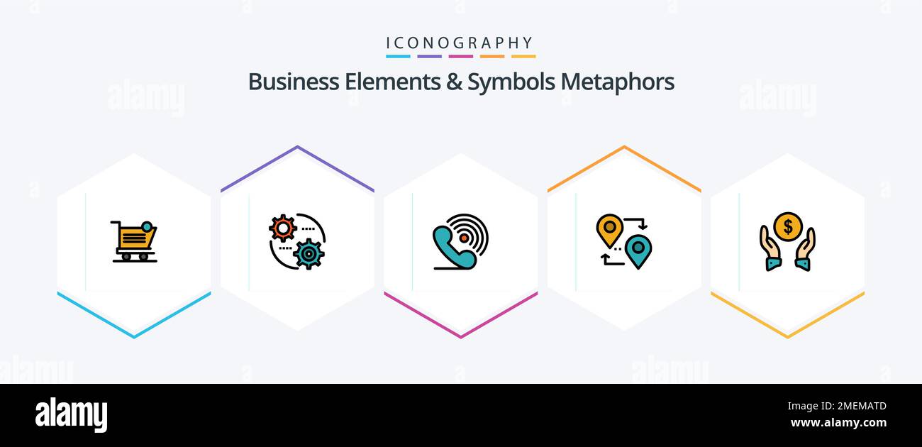 Business Elements And Symbols Metaphors 25 FilledLine icon pack including travel. map. setting. location. ring Stock Vector