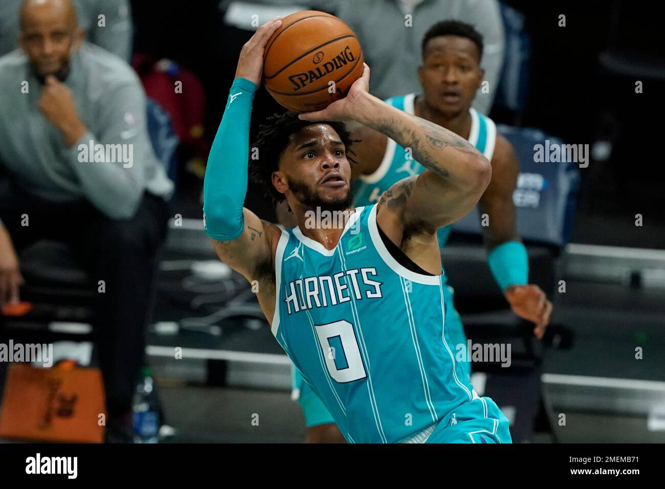 Charlotte Hornets forward Miles Bridges shoots against the Portland Trail Blazers during the second half in an NBA basketball game on Sunday, April 18, 2021, in Charlotte, N.C