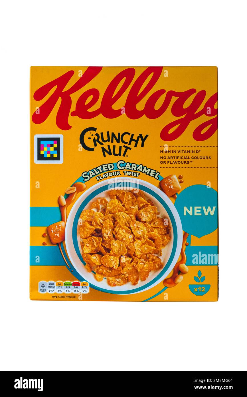 box of Kellogg Crunchy Nut Salted Caramel cereals isolated on white background Kelloggs cereal