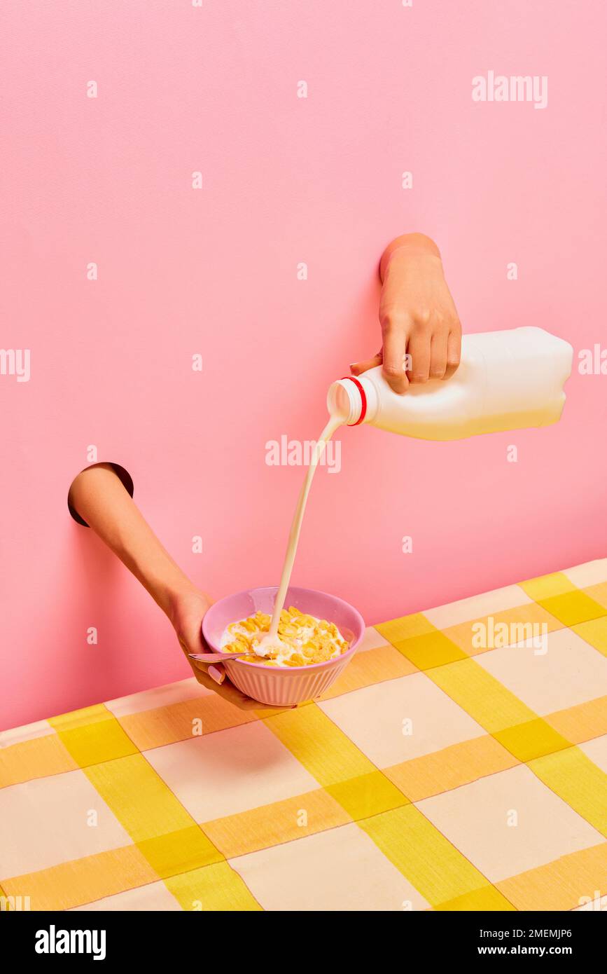 Food pop art photography. Female hands sticking out pink paper, pouring milk into bowl with corn flakes, ceral. Breakfast Stock Photo