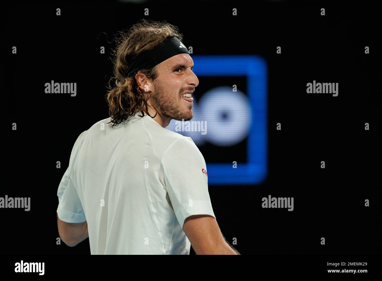 Melbourne Park 24/1/2023. Stefanos TSITSIPAS (GRE) in action during the Quarterfinals at the 2023 Australian Open. corleve/Alamy Live News Stock Photo