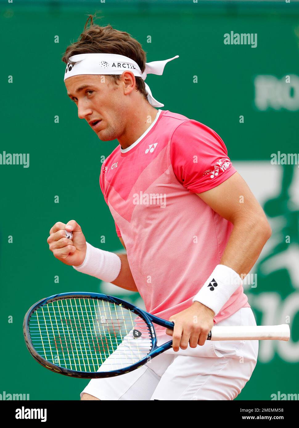 Casper Ruud of Norway celebrates after winning a point against Andrey Rublev of Russia during their semifinal match of the Monte Carlo Tennis Masters tournament in Monaco, Saturday, April 17, 2021