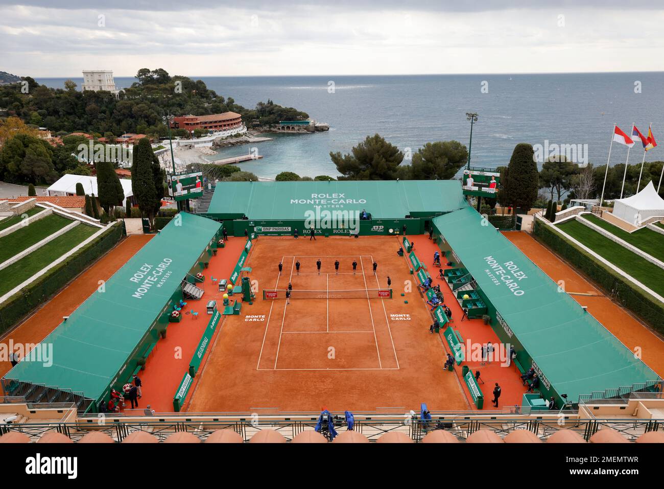 Ballboys stand on the court before the start of the quarterfinal match of  the Monte Carlo Tennis Masters tournament between Stefanos Tsitsipas of  Greece and Alejandro Davidovich Fokina of Spain, in Monaco,