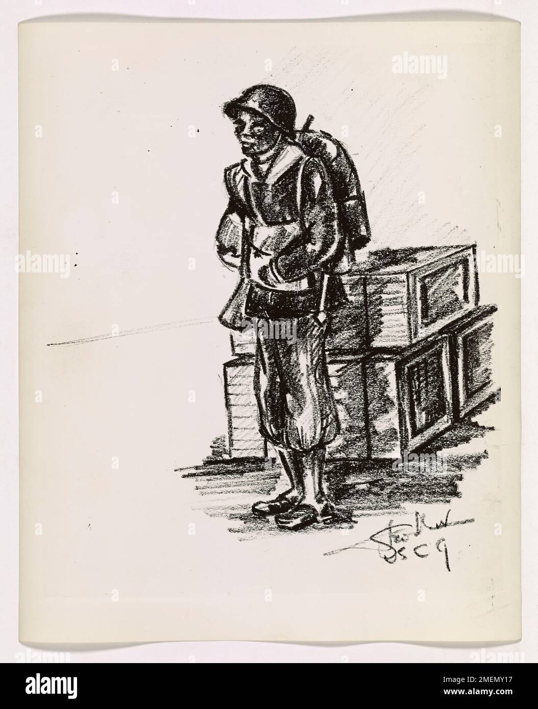 G.I. Joe Is Homesick. This image depicts artwork of a homesick soldier, drawn by Coast Guard Combat Artist George Hodgson Heidler. Stock Photo