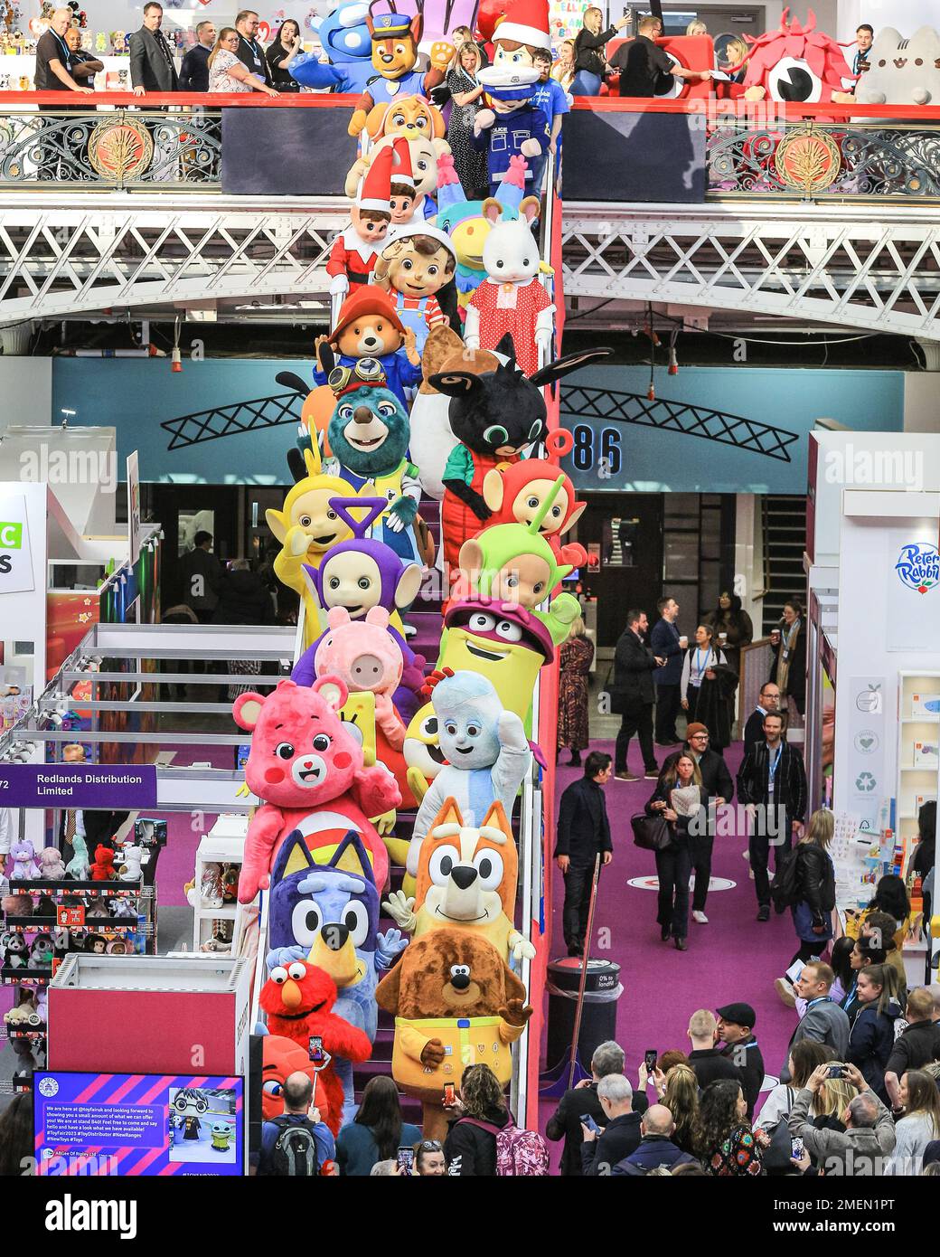 London, UK. 24th Jan, 2023. Opening photocall with the giant toy characters, including favourites like the Teletubbies, Paddingdon Bear and others, who pose and walk around on press day. The Toy Fair opens its doors at Kensington Olympia to showcase the latest trends in the toy industry. The Toy Fair is the UK's largest dedicated toy, game and hobby trade show with more than 260 exhibitors. Credit: Imageplotter/Alamy Live News Stock Photo