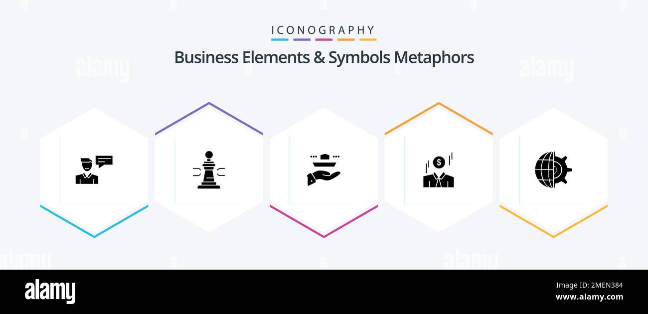 Business Elements And Symbols Metaphors 25 Glyph icon pack including man. businessman. king. dinner. serve Stock Vector