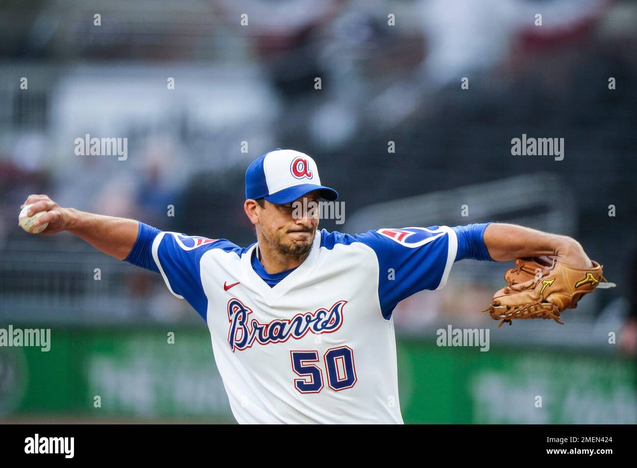 Atlanta, United States. 09th Apr, 2021. Atlanta Braves starting pitcher  Charlie Morton throws in the fourth inning of their Opening Day against the Philadelphia  Phillies at Truist Park in Atlanta on Friday