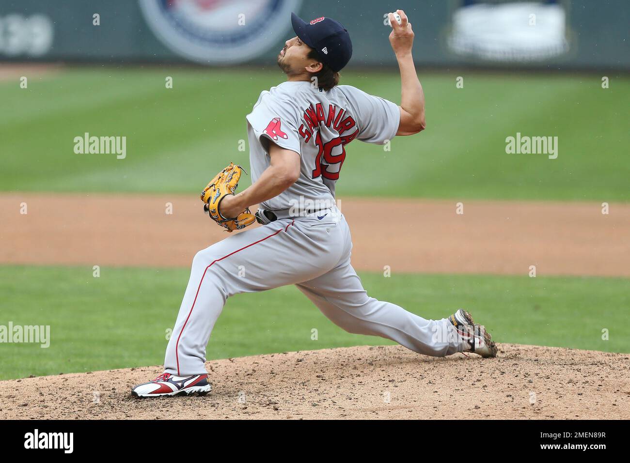 Boston Red Sox relief pitcher Hirokazu Sawamura (19) throws