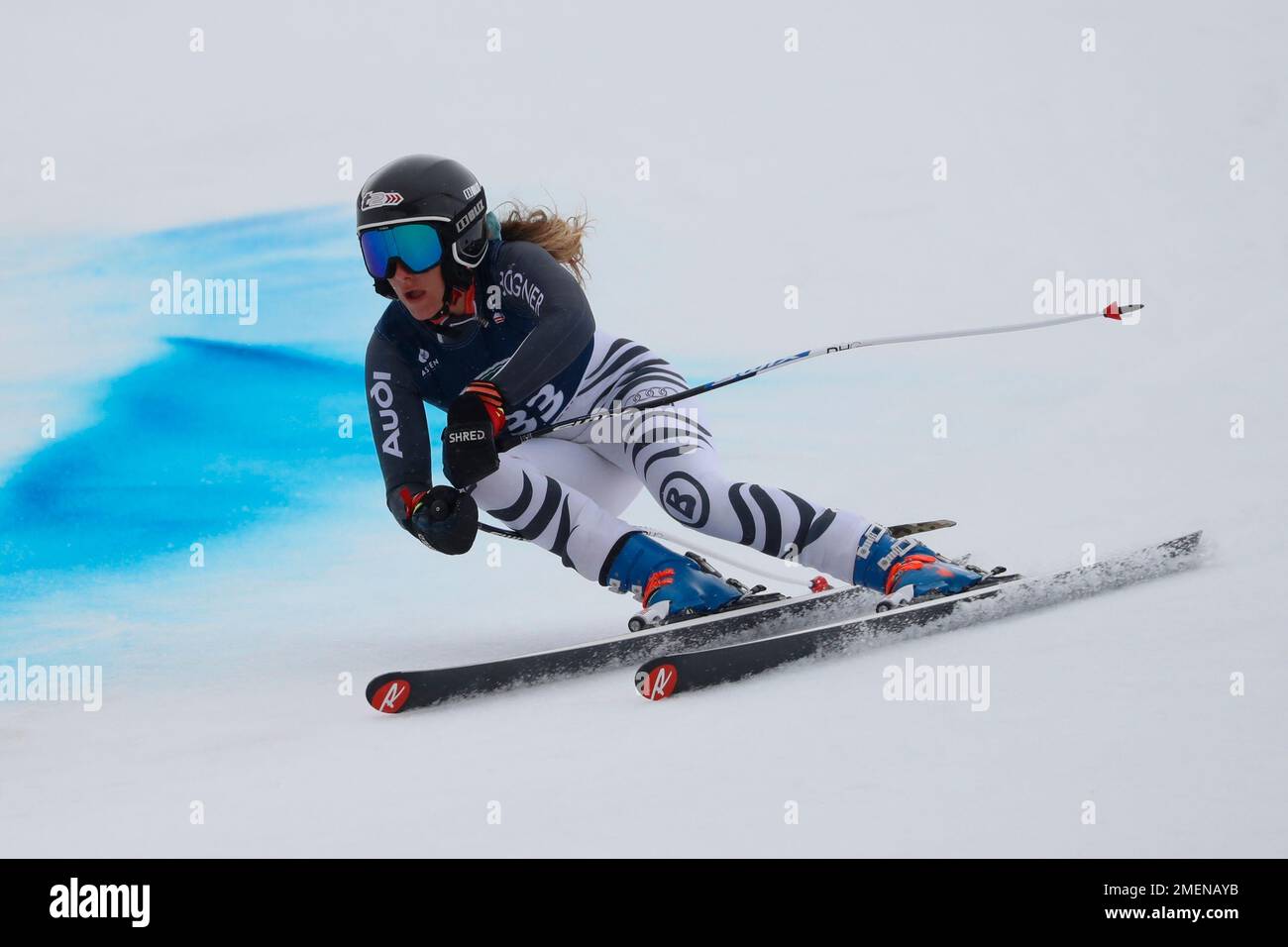 Resi Stiegler competes in the women's Super-G at the U.S. Alpine Championship skiing race, Tuesday, April 13, 2021, in Aspen, Colo. (AP Photo/Hugh Carey) Stock Photo