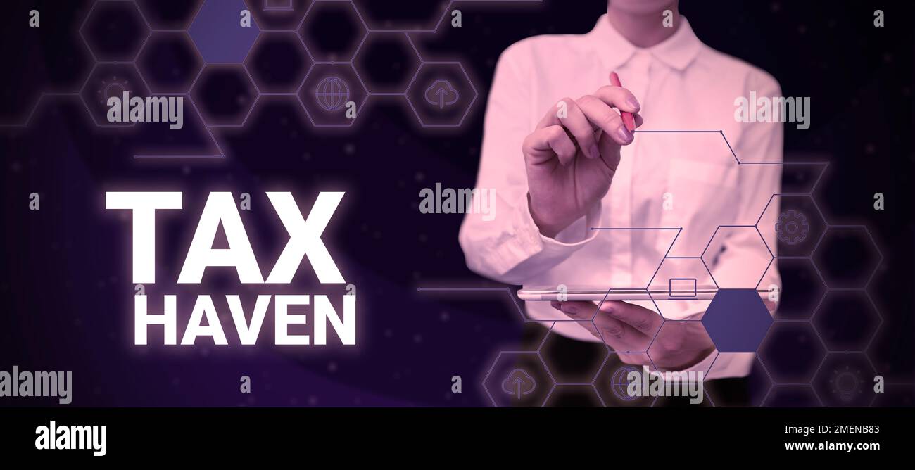 Text sign showing Tax Haven. Business approach country or independent area where taxes are levied at low rate Stock Photo