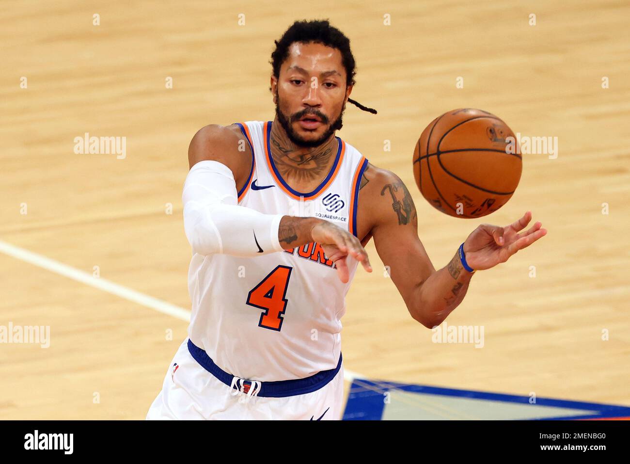 Derrick Rose of the New York Knicks in action against the