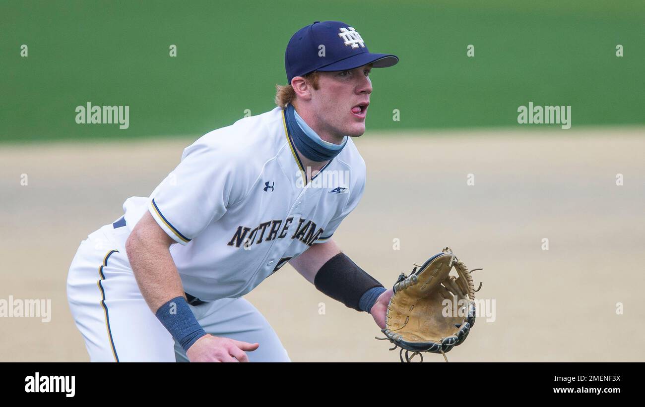 Notre Dame's Jack Brannigan at third base during an NCAA baseball game