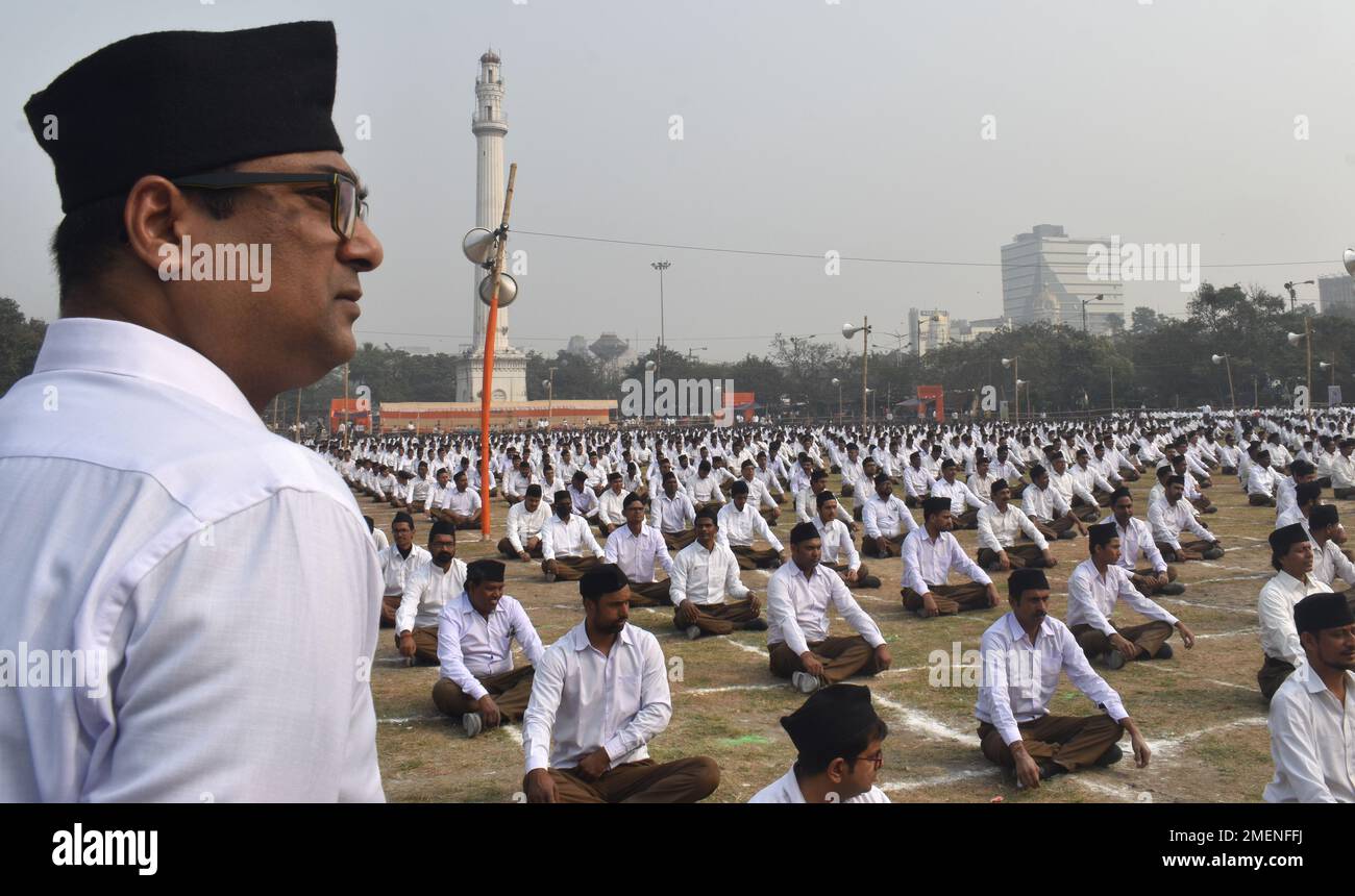 January 24, 2023, Kolkata, West Bengal, India: The Hindu Nationalist organization Rashtriya Swayamsevak Sangh (RSS) organized a rally to mark Netaji Subhash Chandra Bose's 126th birth anniversary in Kolkata. RSS Chief Mohan Bhagwat was present there. (Credit Image: © Sayantan Chakraborty/Pacific Press via ZUMA Press Wire) EDITORIAL USAGE ONLY! Not for Commercial USAGE! Stock Photo