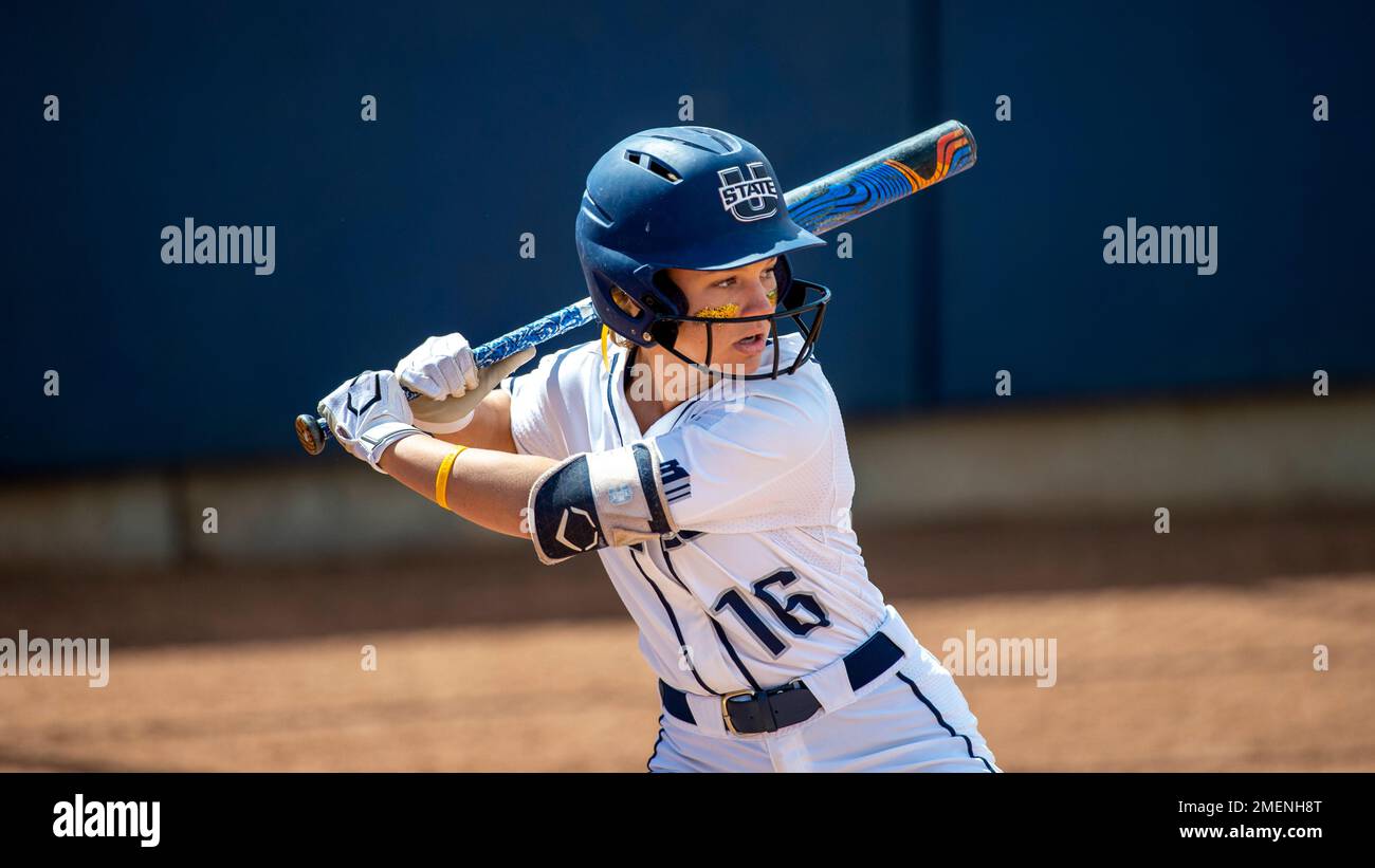 Utah St. outfielder Stephanie Reed (16) bats during an NCAA softball ...
