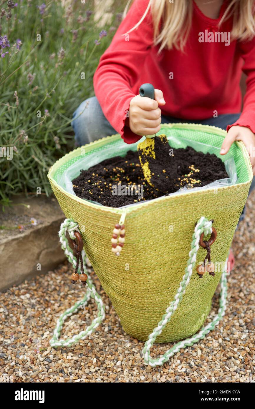 shovelling soil inside hanging basket Stock Photo Alamy