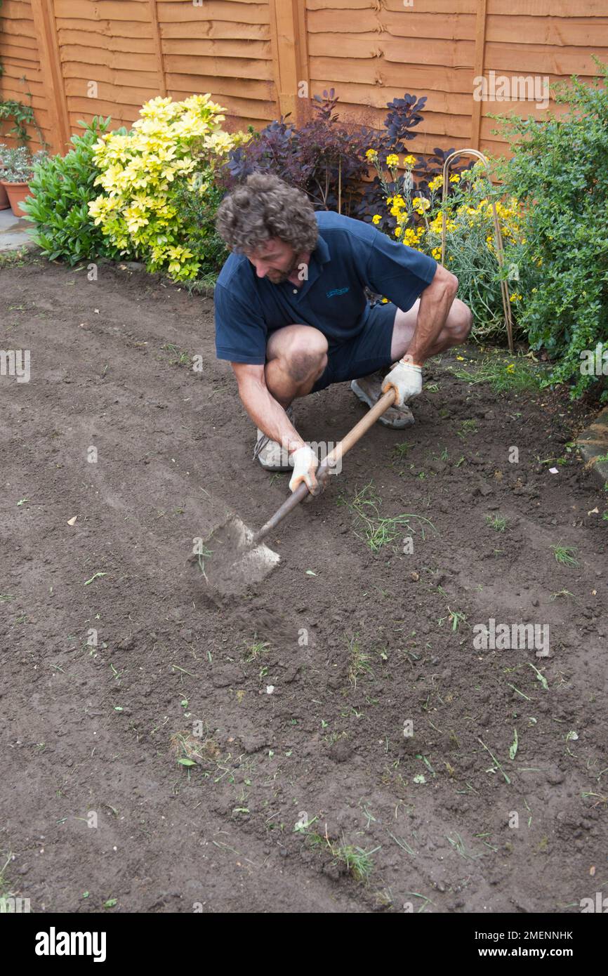 Man squatting in garden using a space to flatten the soil for laying lawn Stock Photo Alamy