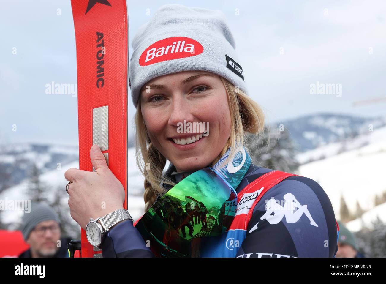 United States' Mikaela Shiffrin poses for photographers after winning an alpine ski, women's