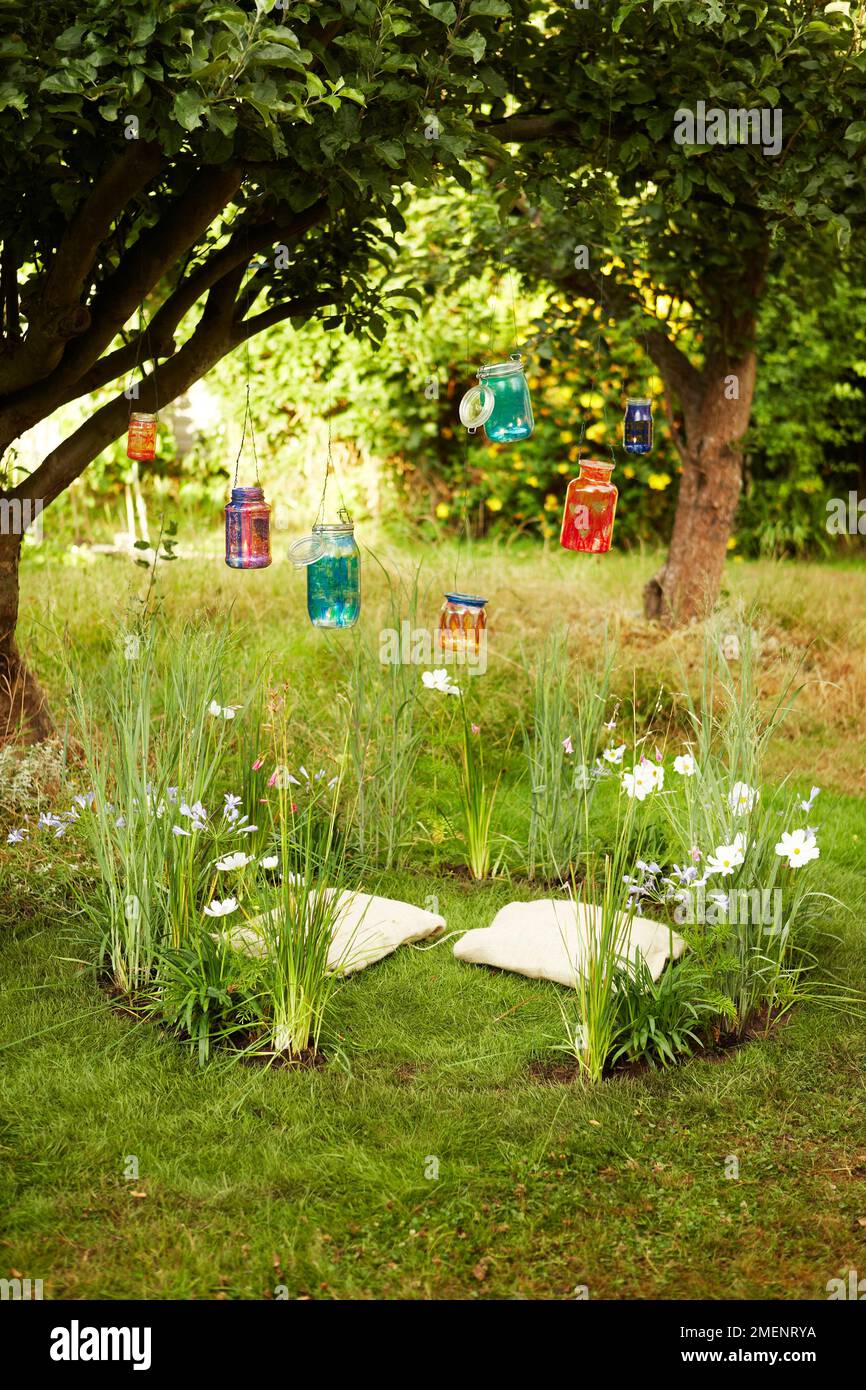 Colourful jars suspended over Fairy ring Stock Photo Alamy