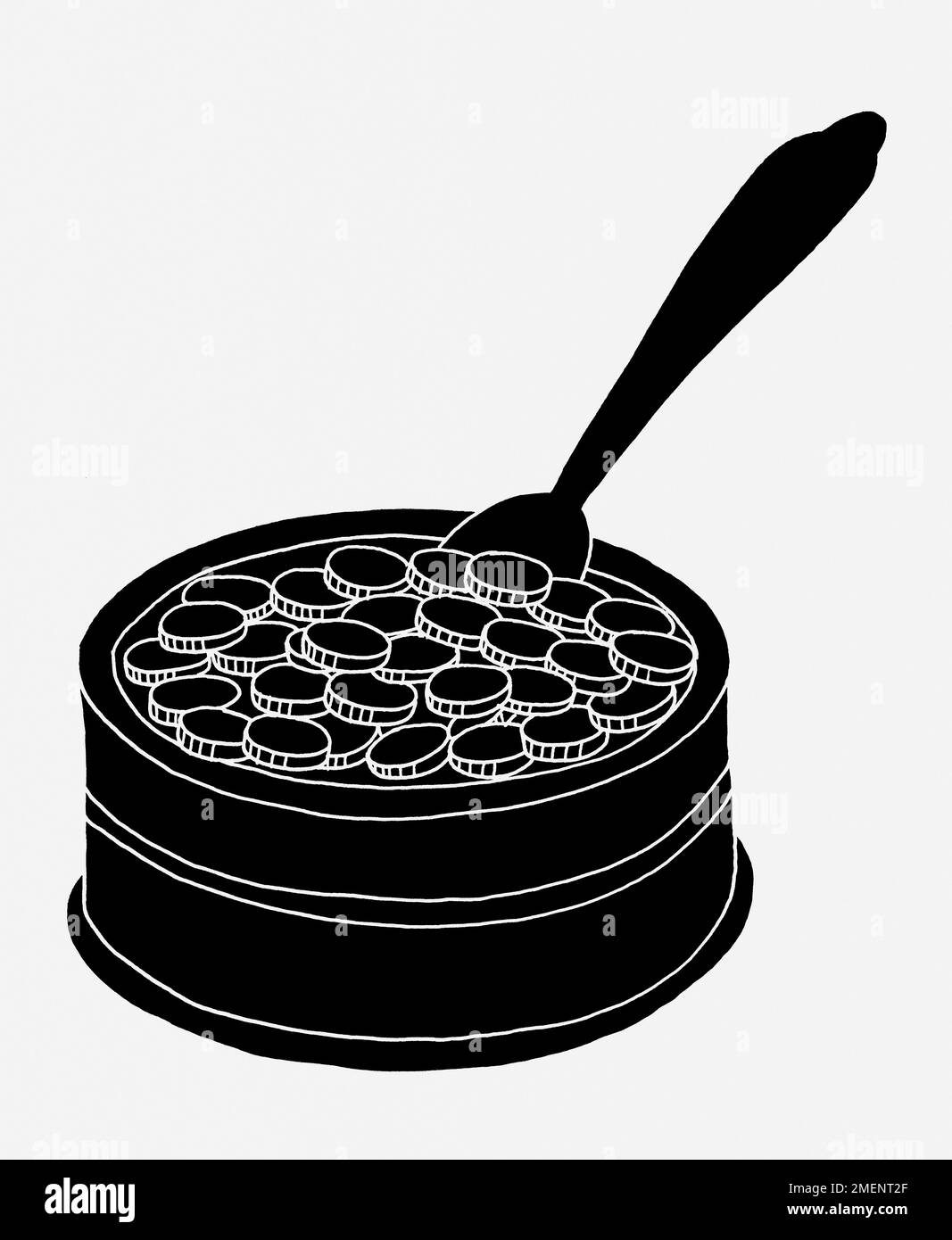 Black and white illustration of tin of caviar containing coins instead of caviar Stock Photo