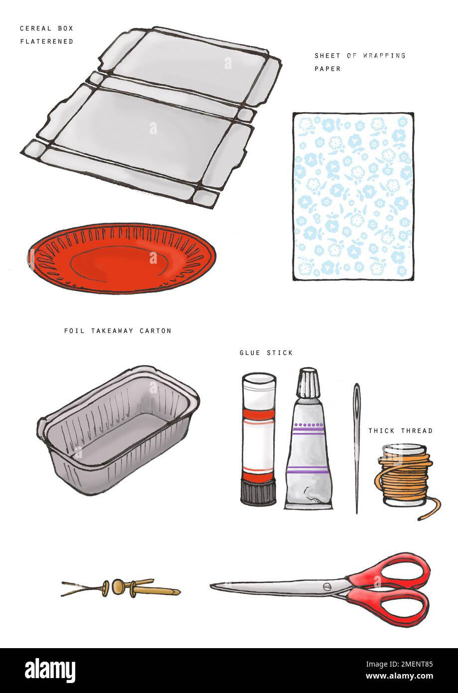 Illustration, equipment and materials needed to make paper birdcage