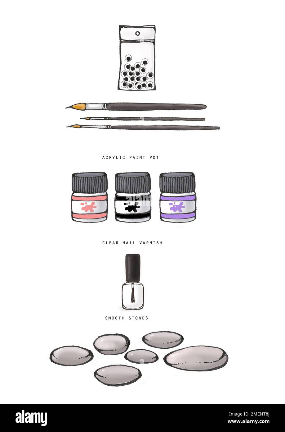 Illustration, equipment and materials needed to paint stones Stock