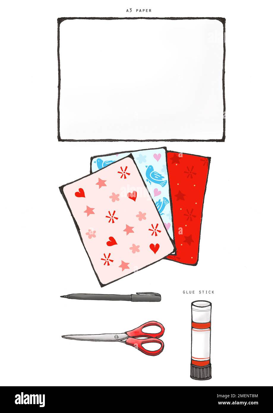 Illustration, equipment and materials needed to make handmade envelopes