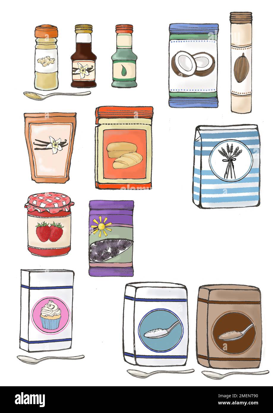 Illustration, baking ingredients including bags of four, vanilla