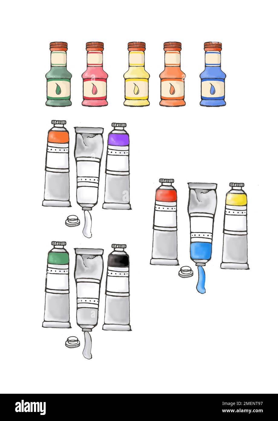 Illustration, tubes of food colouring and acrylics Stock Photo