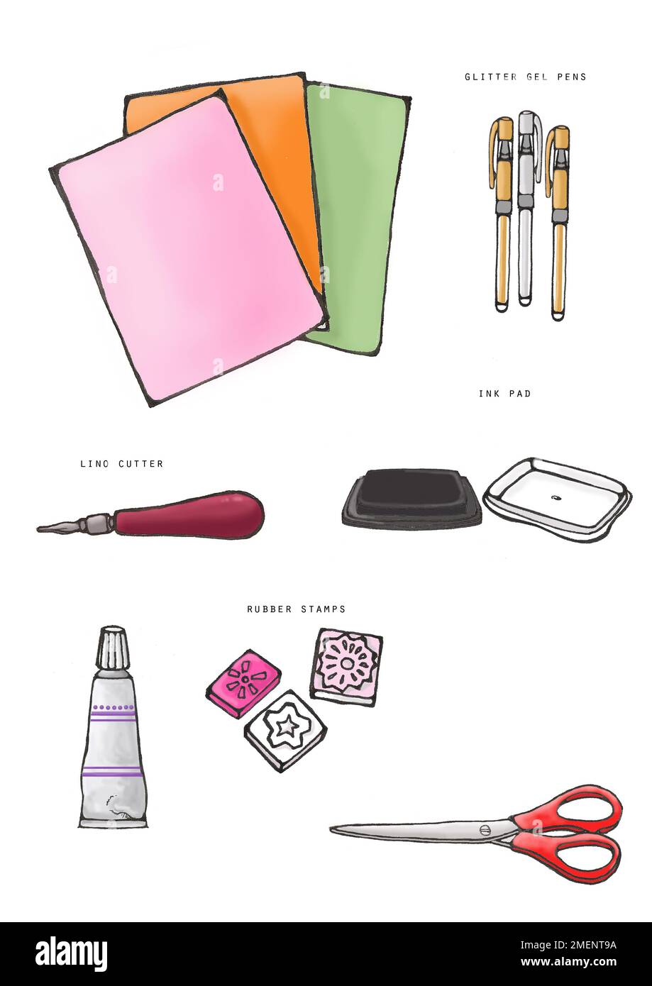 Illustration, equipment and materials needed to make paper flowers
