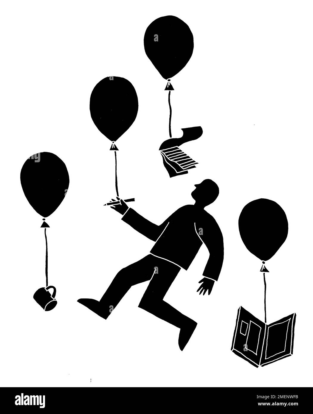 Black and white illustration of man and office equipment attached to balloons floating in the air Stock Photo