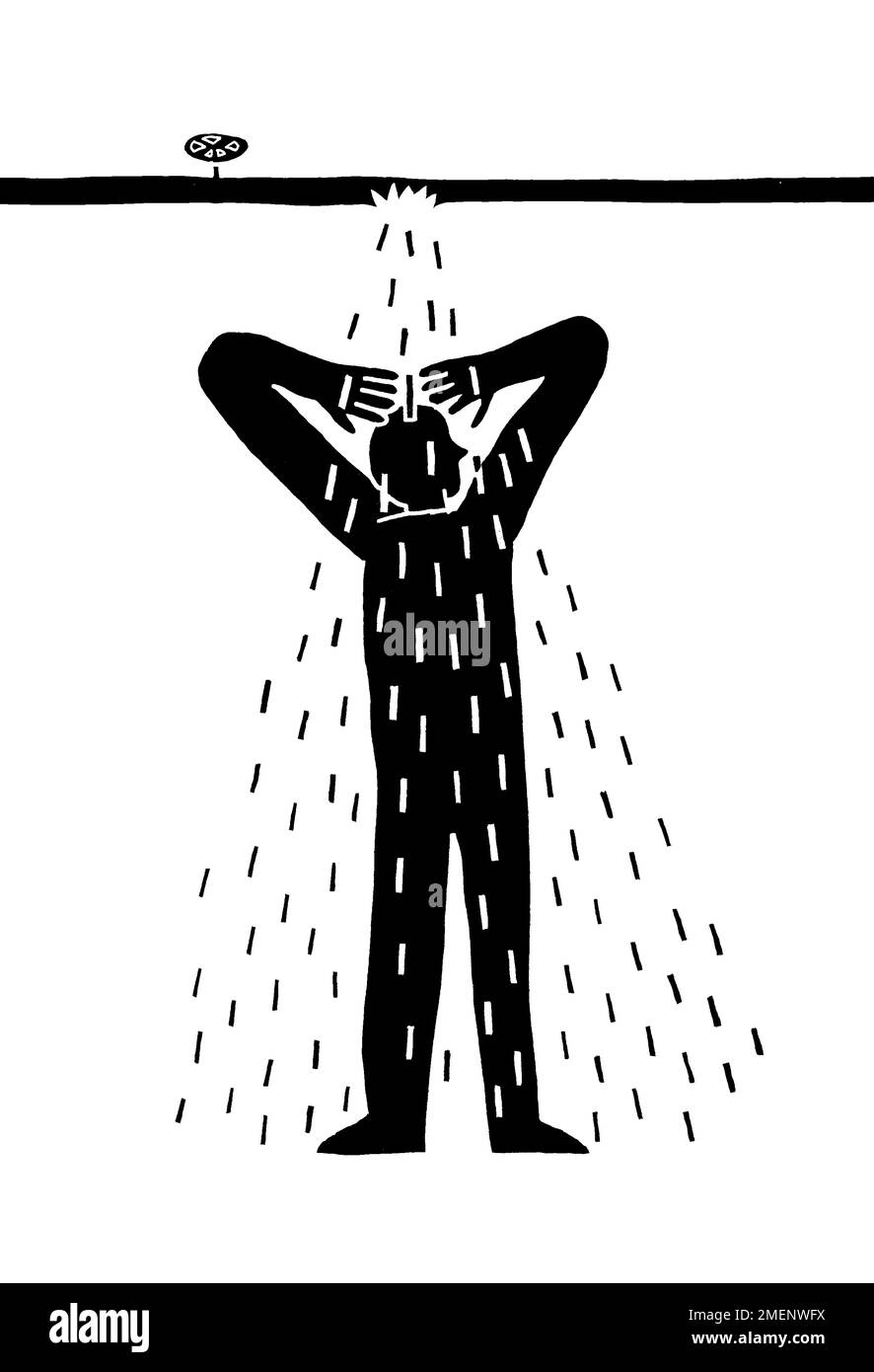 Black and white illustration of man having a shower under a burst pipe Stock Photo