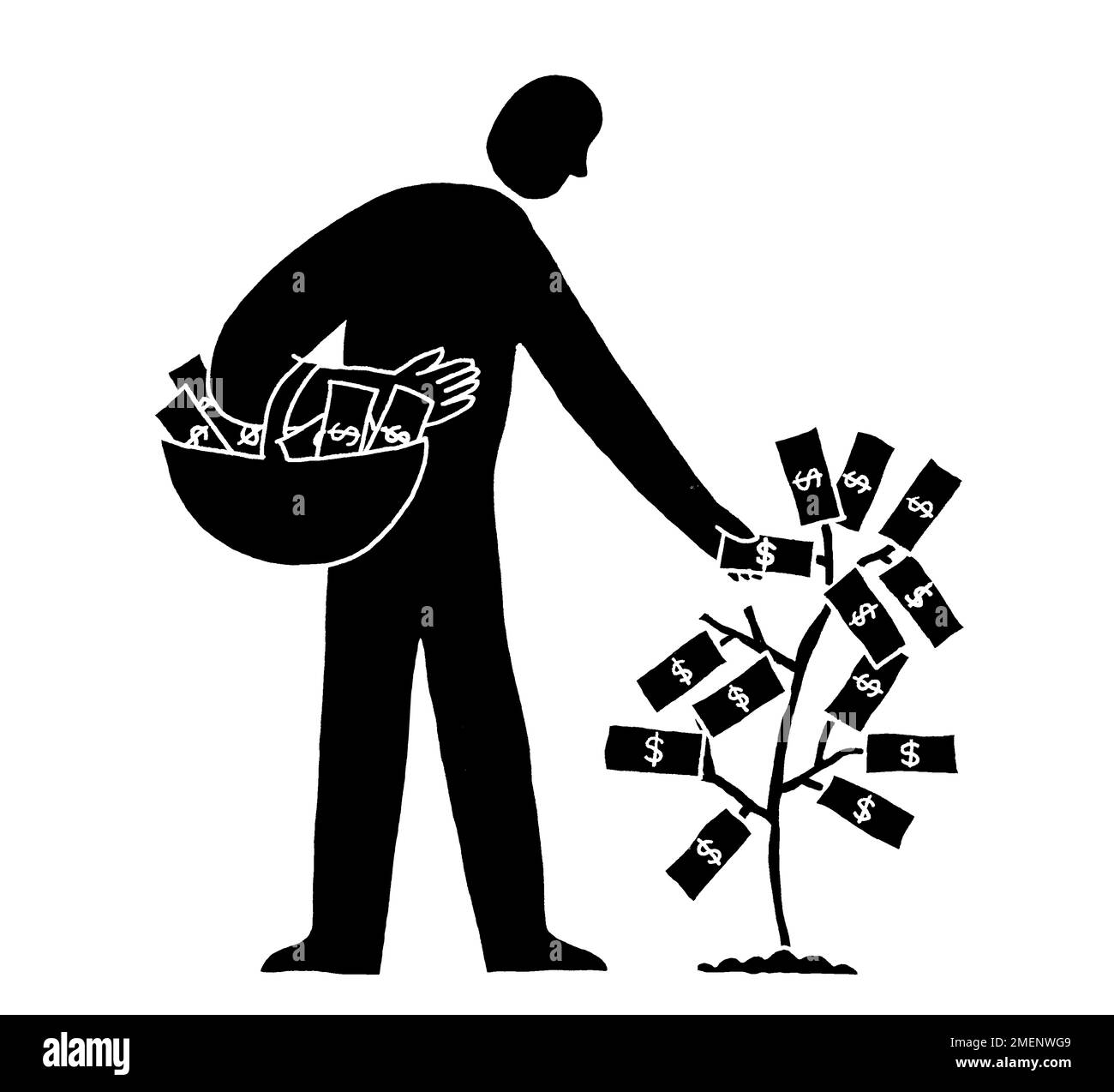 Black and white illustration of money growing on tree with a man picking the notes and placing them into a basket Stock Photo