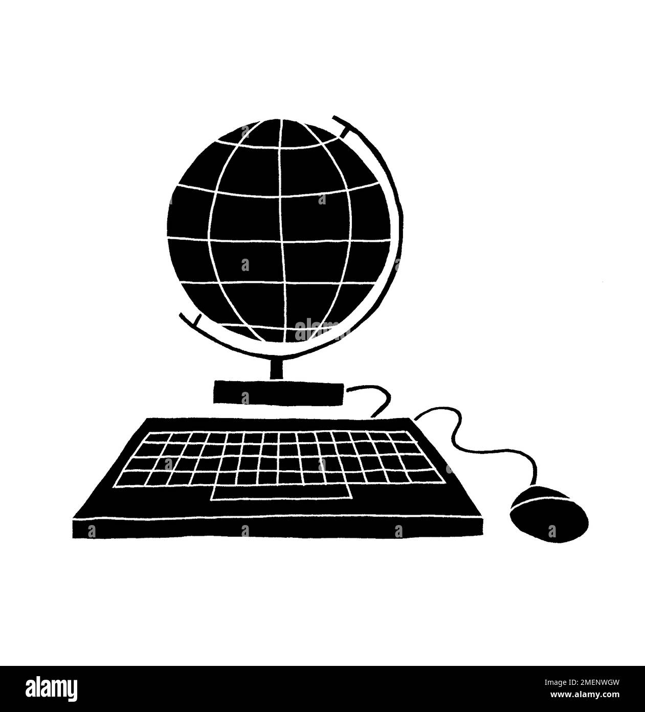 Black and white illustration of a globe as a computer monitor Stock Photo