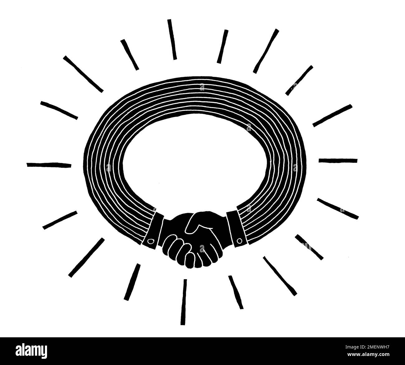 Black and white illustration of hands shaking in the shape of a halo Stock Photo