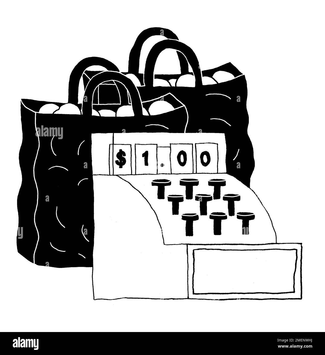Black and white illustration of till displaying one dollar sign with shopping bags Stock Photo