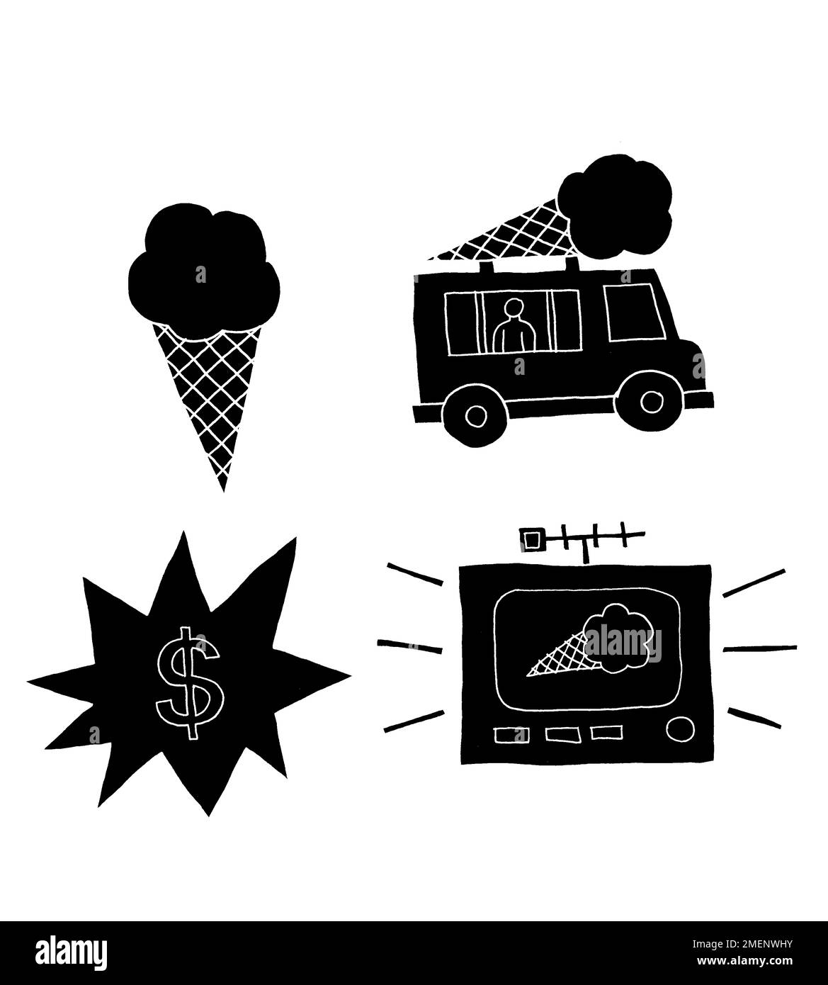 Black and white illustration of ice cream, ice cream van, price tag and ice cream advert, representing product, place, price and promotion Stock Photo