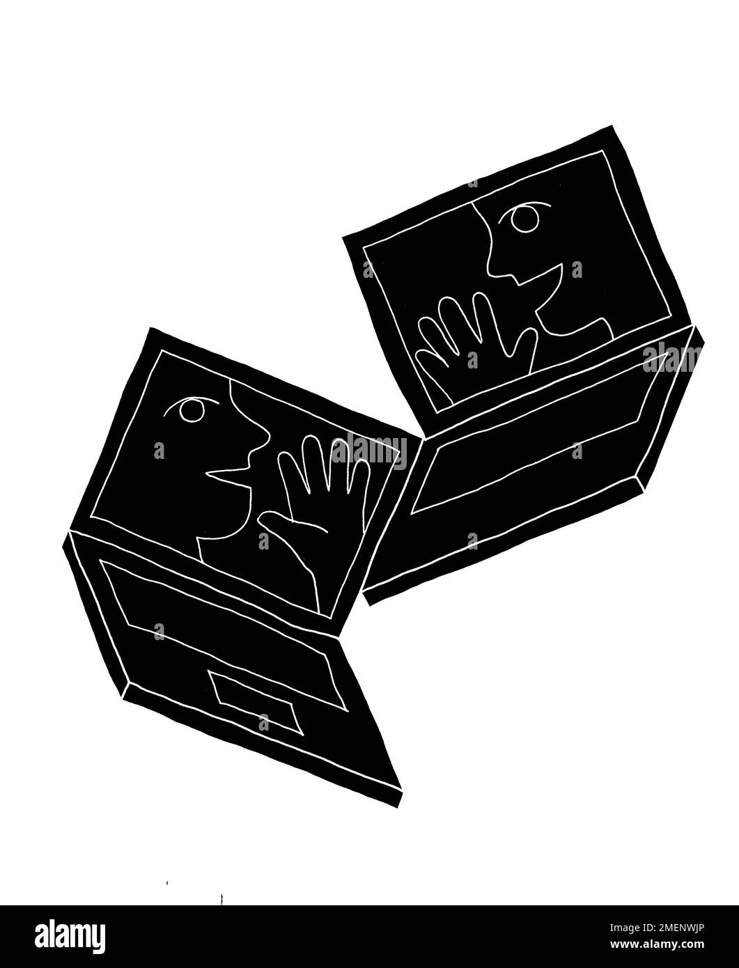 Black and white illustration of two laptops with faces superimposed on the screens Stock Photo