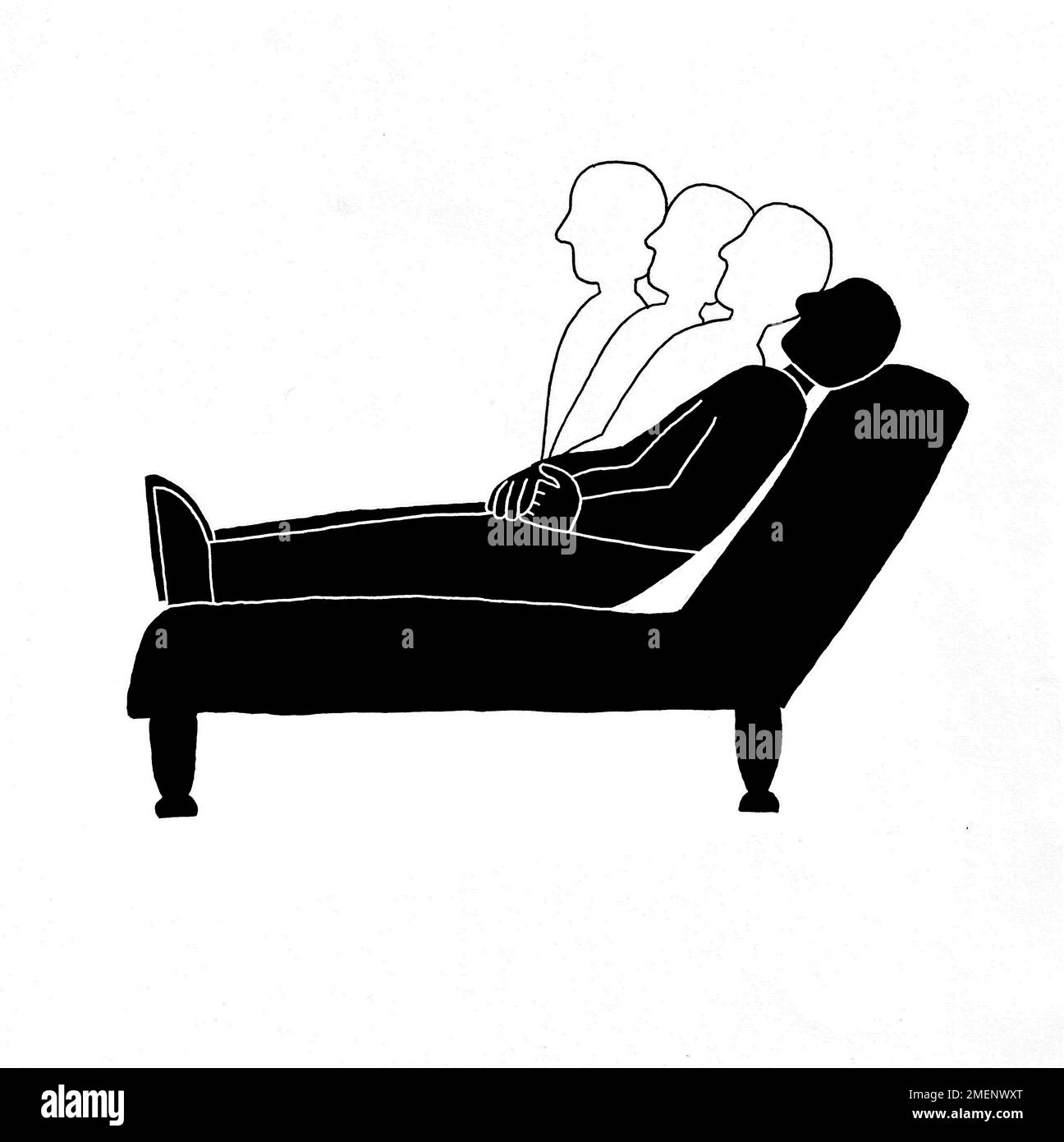 Black and white illustration of a person's unconscious emerging on a