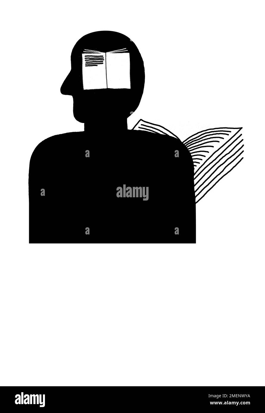 Black & white artwork of man with book page on his head. Bluma Zeigarnik belief that interruption of a task improves its chances of being remembered Stock Photo