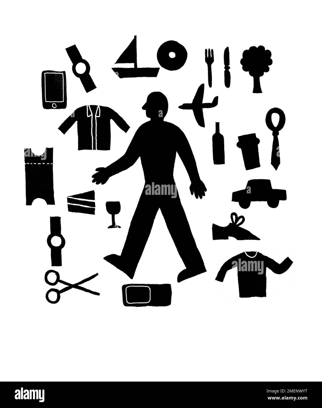Black and white illustration of man surrounded by multitude of everyday objects and concerns Stock Photo