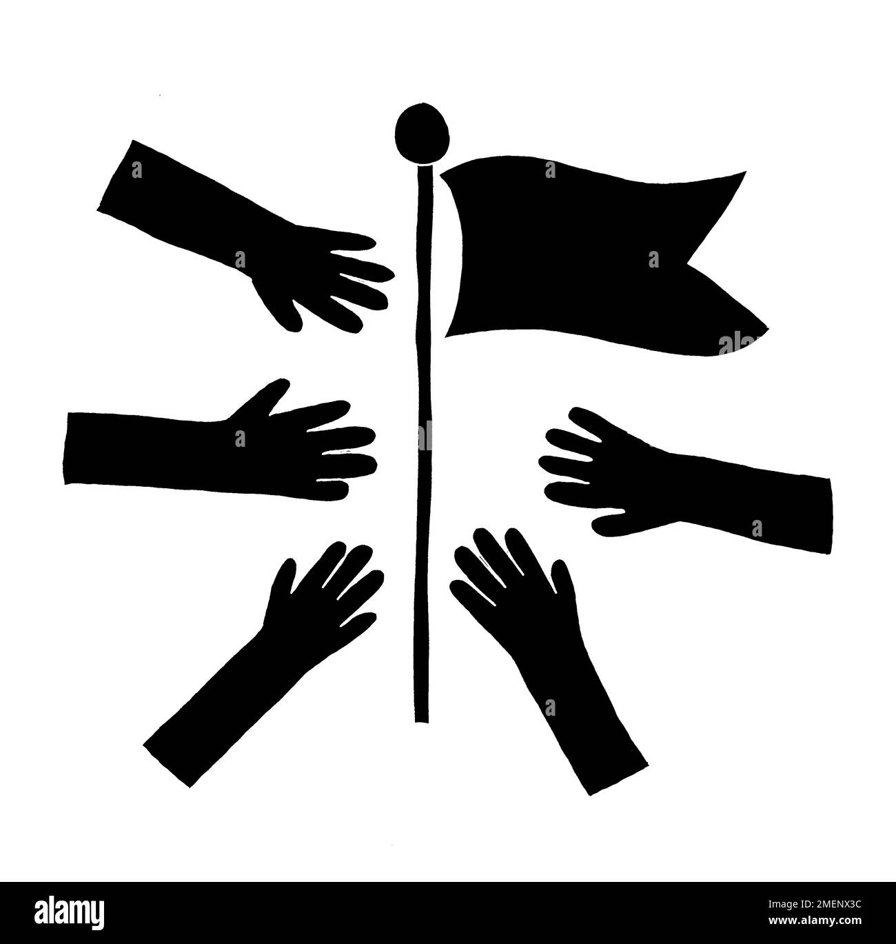 Black and white illustration of hands reaching for a flag, illustrating Ataturk's belief that sovereignty is not given, but taken Stock Photo
