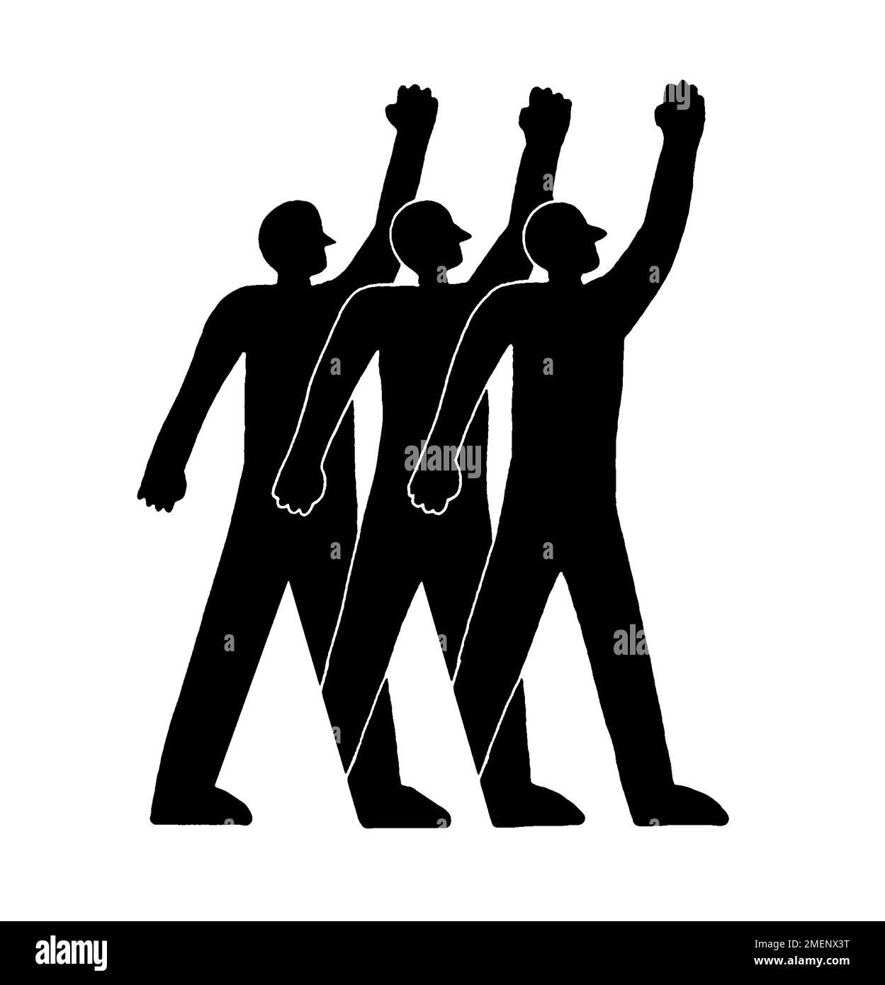 Black and white illustration of three figures with raised arms Stock ...