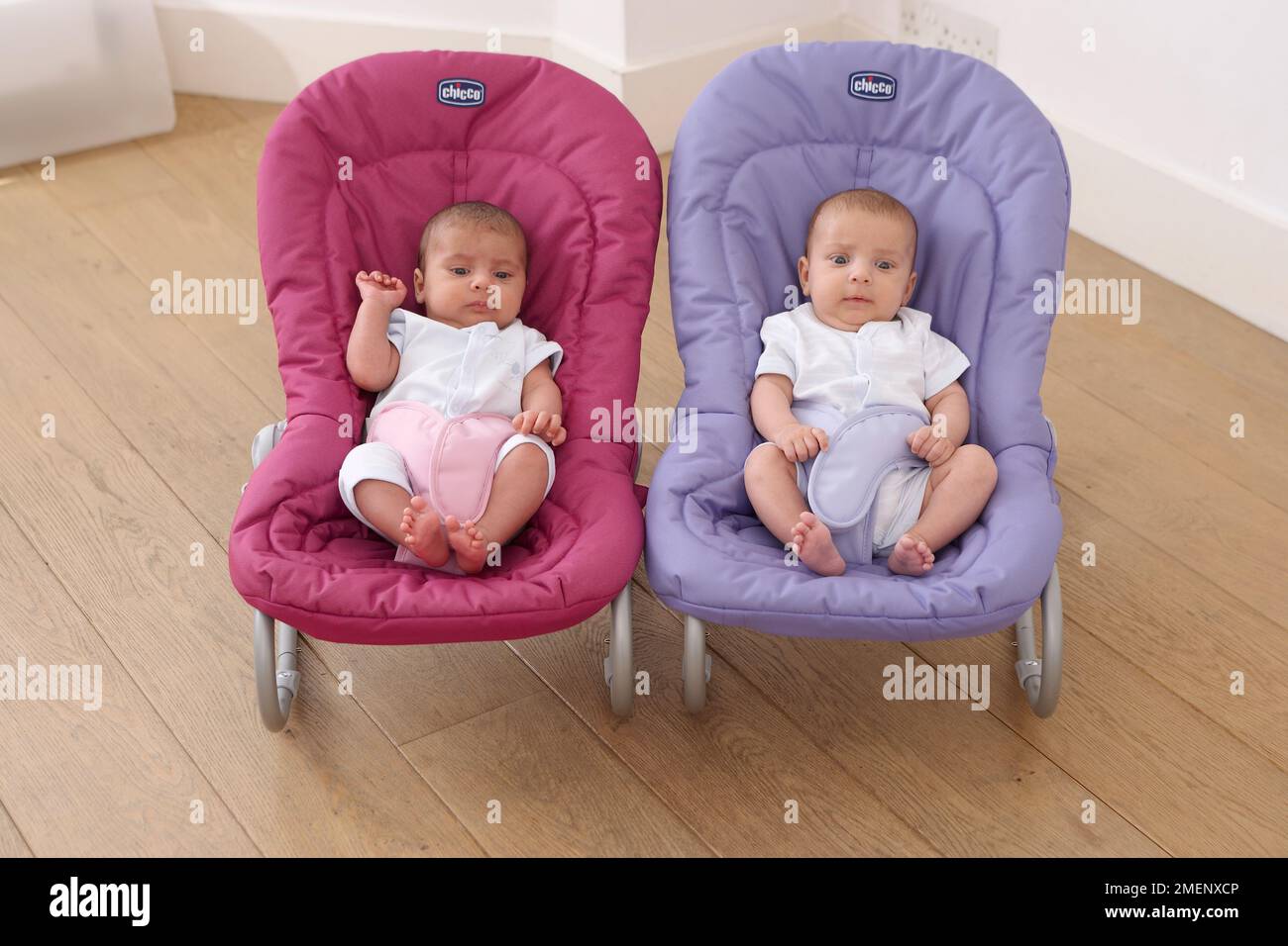 Twin baby boy and girl sitting in bouncy chairs, front view, 11 weeks
