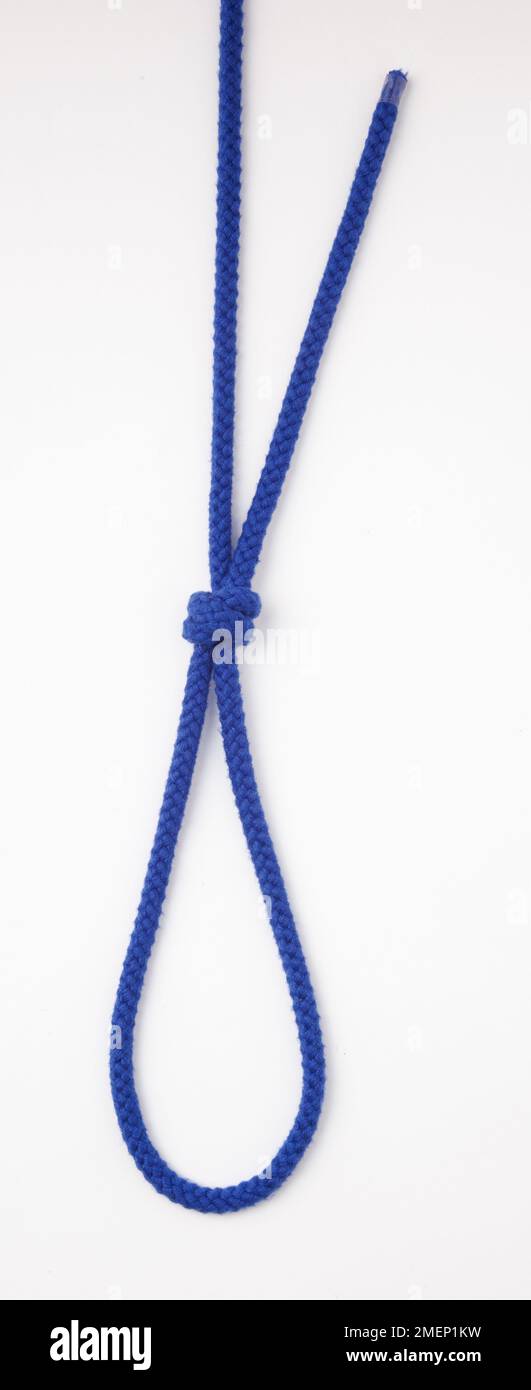 Double Overhand Sliding Loop, loop knot tied in blue rope Stock Photo