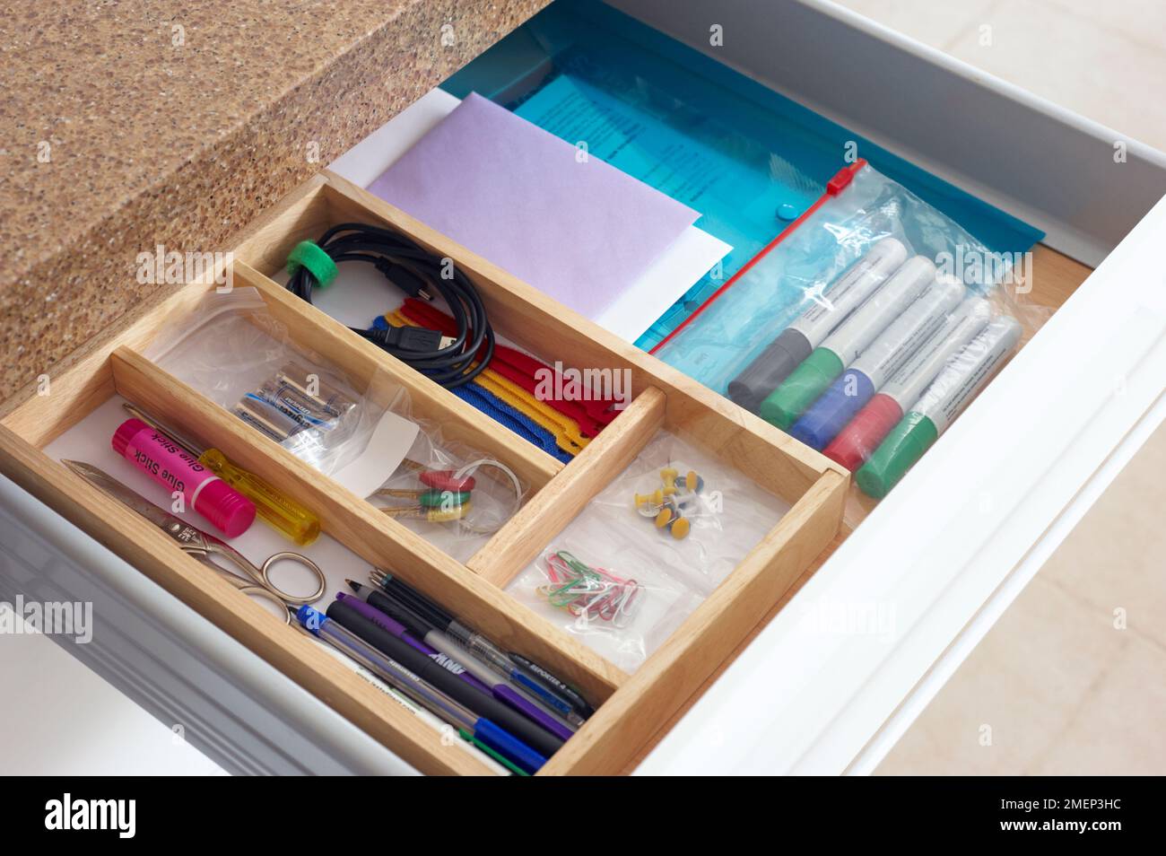 Stationery in desk drawer Stock Photo Alamy