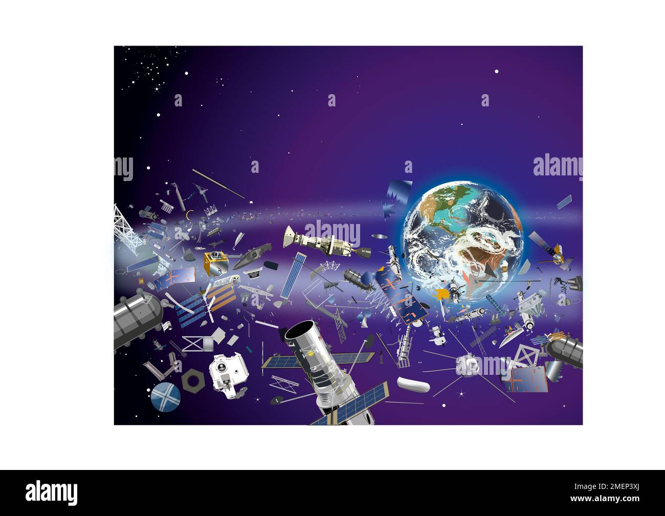 Illustration of Space Junk which is fragments of spacecrafts with Earth