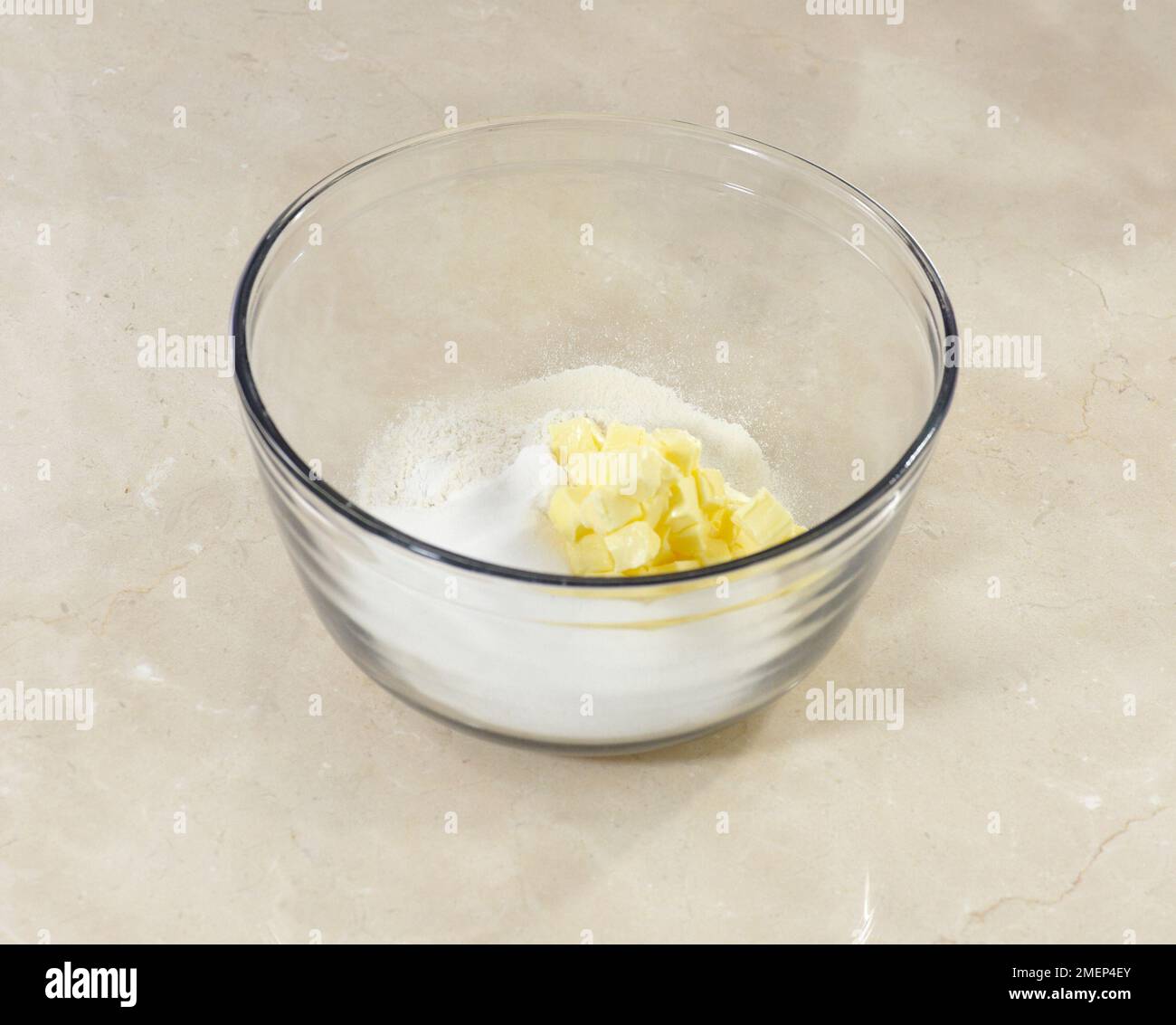 Vanilla Cream Cupcakes, basic ingredients in bowl, butter, sugar, flour, baking powder Stock