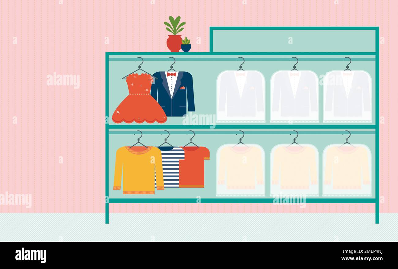 Illustration showing a wardrobe with formal and informal clothing. Stock Photo