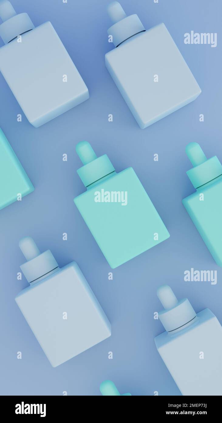 3D rendering Light Blue And Green Square Shape Cosmetic Bottle on Blue Background, Cute Headdrop Cosmetic Bottle Stock Photo